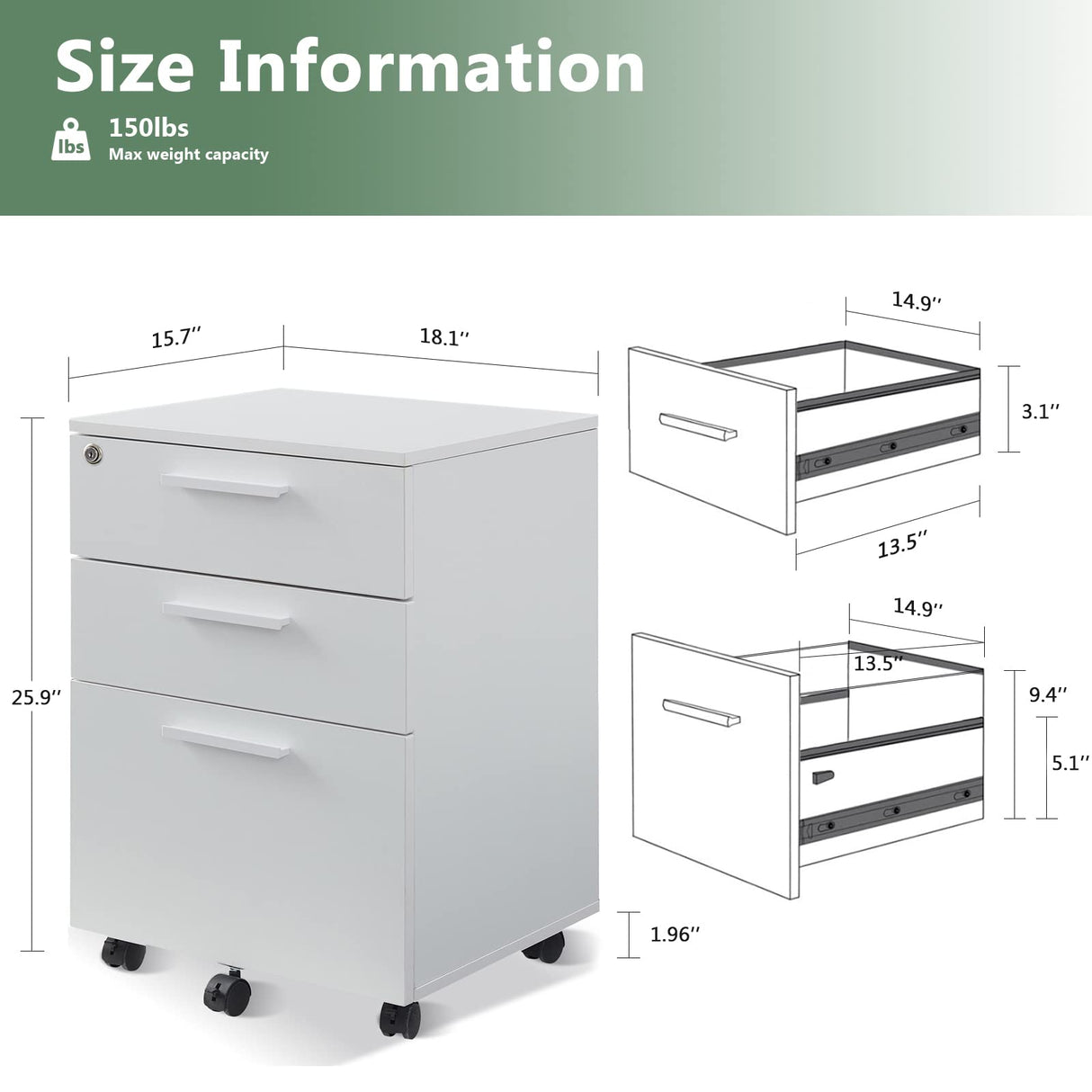 3 Drawer Mobile File Cabinet with Lock, Under Desk Wood Filing Cabinet