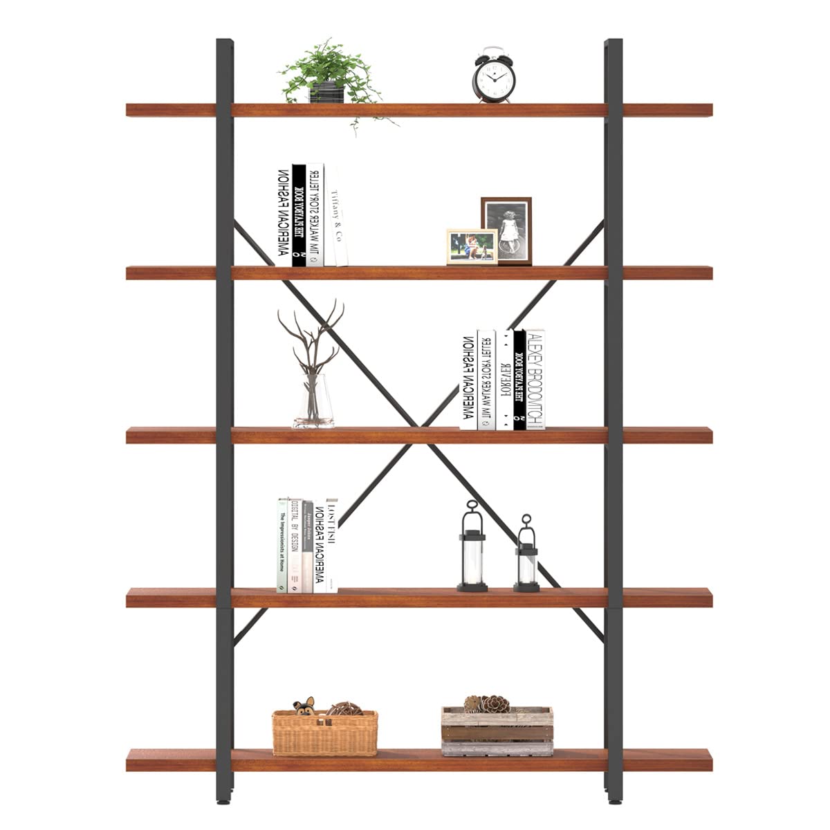 HSH Solid Wood 5 Shelf Bookshelf, Industrial Real Natural Wood Tall Etagere Bookcase, Modern Large Open Wide Big Metal Book Shelf with 5 tier Storage for Bedroom Living Room Home Office, Rustic Brown