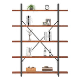 HSH Solid Wood 5 Shelf Bookshelf, Industrial Real Natural Wood Tall Etagere Bookcase, Modern Large Open Wide Big Metal Book Shelf with 5 tier Storage for Bedroom Living Room Home Office, Rustic Brown