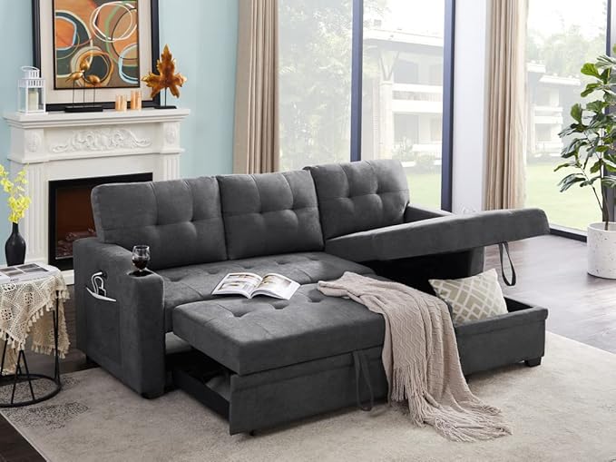 Upholstery Tufted Sofa&Couch,L-Shaped Corner Reversible Sleeper Sectional Sofa