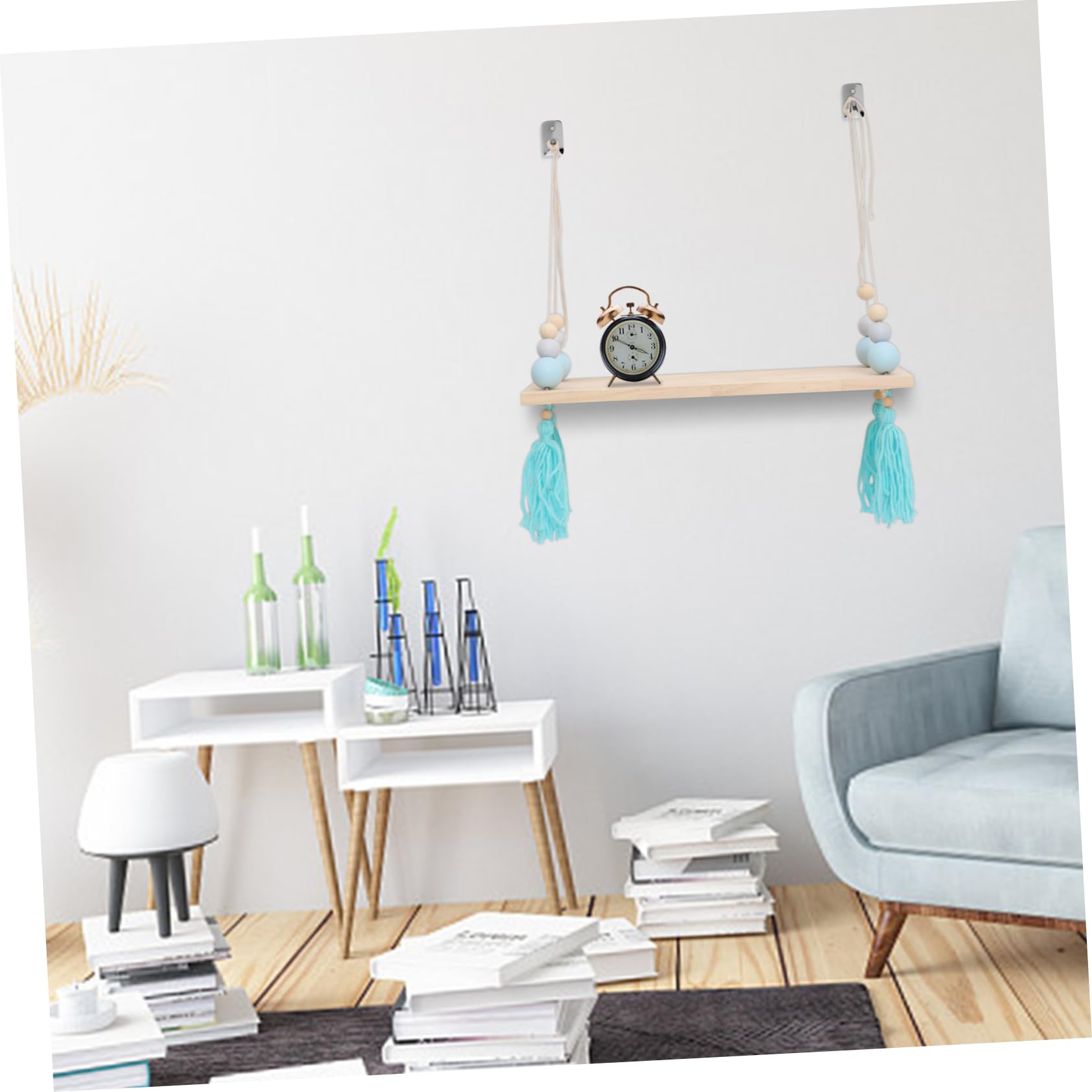 Nordic Decor Wall Shelves in Wooden Storage Shelves with Bead Decor for Bedroom