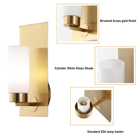 BYOLIIMA Brushed Brass Gold Wall Sconces Set of Two Modern Mid Century Bathroom Vanity Light Fixtures Cylinder Milky White Glass Shade Bedroom Living Room