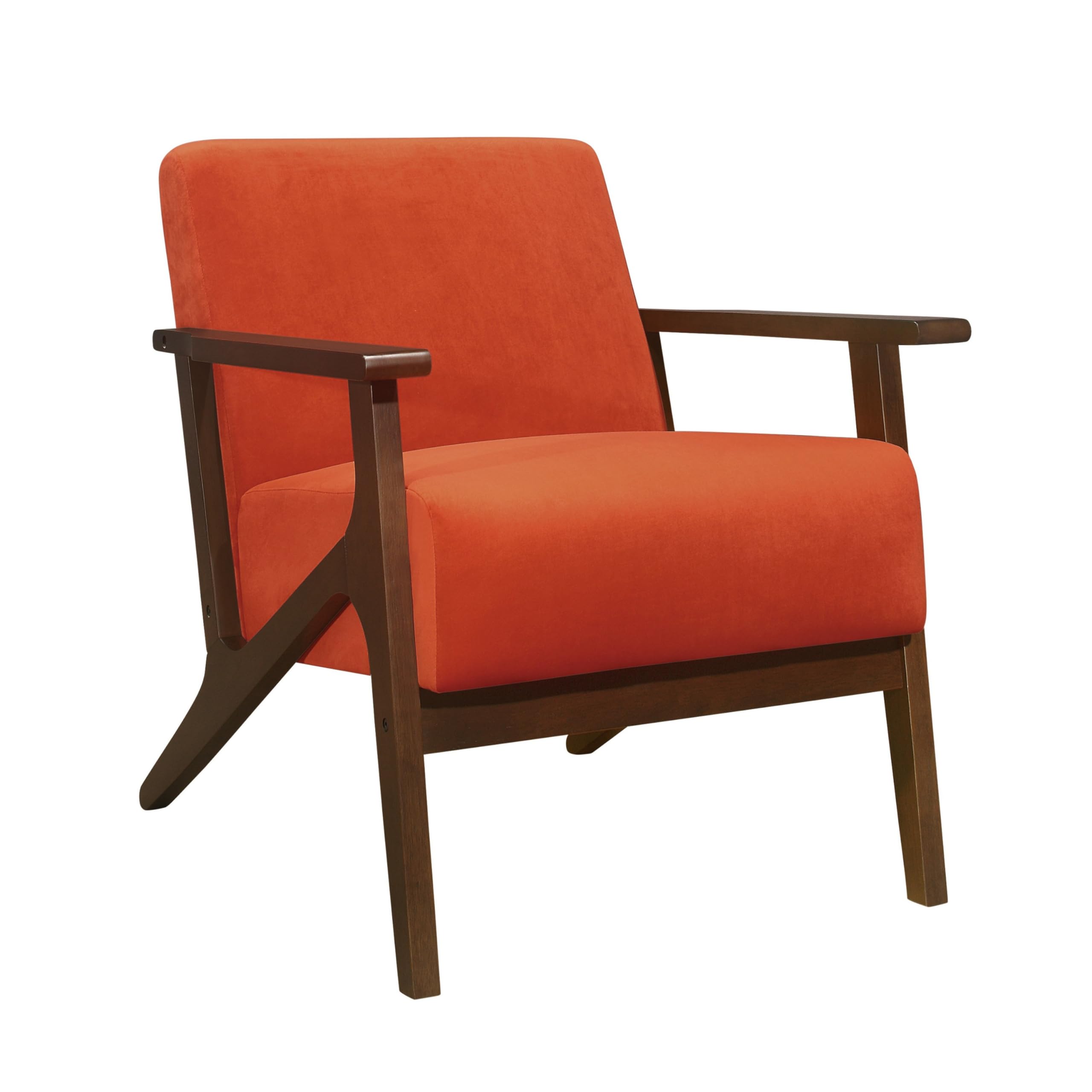32 Inch Accent Armchair, Soft Velvet, Walnut Solid Wood, Orange and Brown