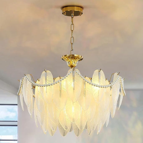 Gold Multi-Tier Crystal Chandelier, Shell Cloud Glass Metal Pendant Chandeliers Hanging