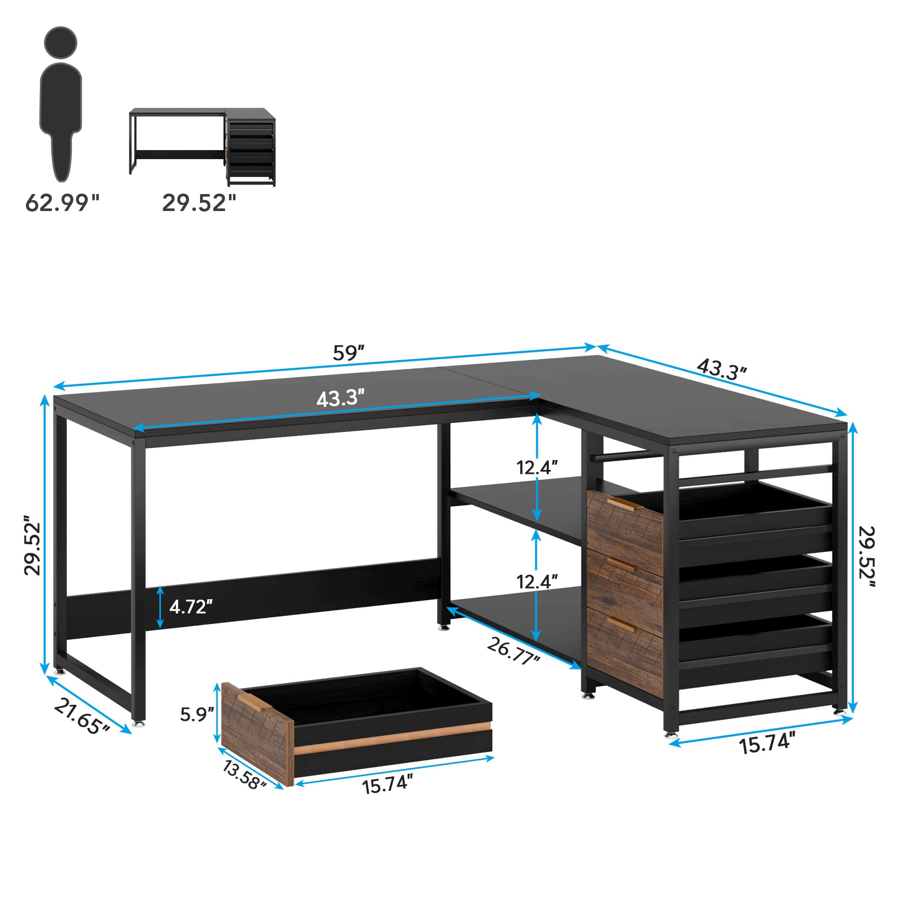 L Shaped Computer Desk with Storage Drawers, 59 inch Corner Desk with Shelves