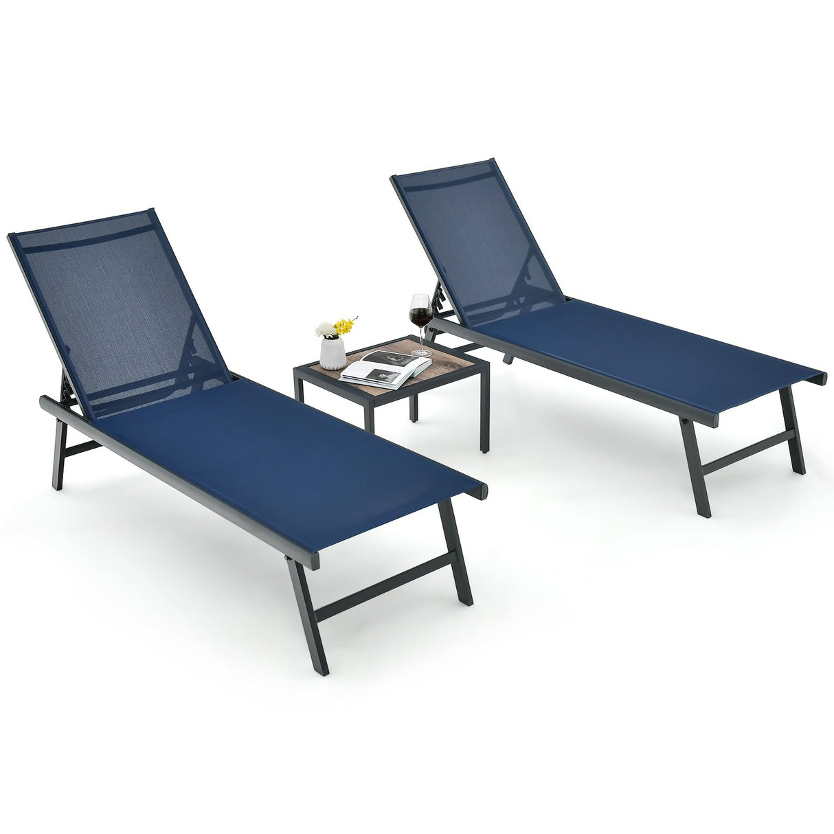 3 Piece Patio Chaise Lounge Set, Aluminum Patio Recliner with Coffee Table