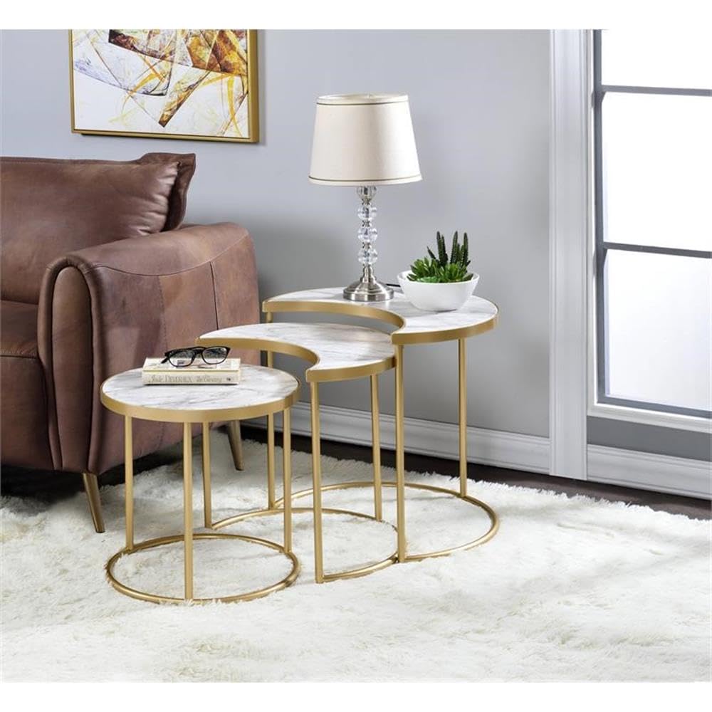Anpay 3Pc Pack Nesting Tables in Faux Marble & Gold