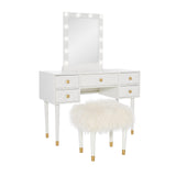 Makeup Vanity Two Piece Set with Lighted Glam Mirror Accents, White and Gold