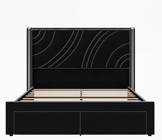 Queen Size Velvet Upholstered LED Platform Bed with Storage Drawers