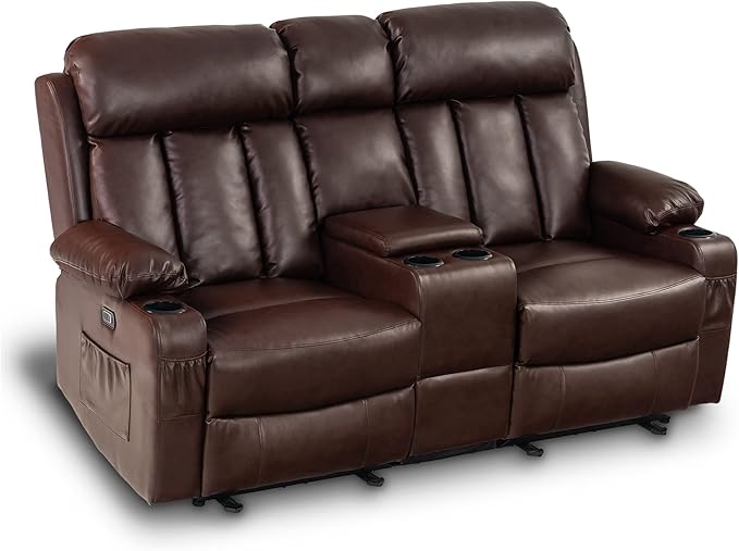 Power Loveseat Recliner, Electric Reclining Loveseat Sofa with Heat and Vibration, Cup Holders, USB Charge Port for Living Room 6075 Faux Leather (Loveseat Recliner, Black)