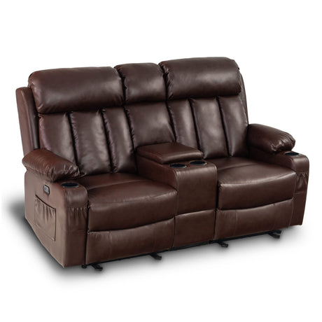 Electric Power Loveseat Recliner, Faux Leather Power Reclining Sofa with Heat and Massage, USB Ports, Cup Holders for Living Room 6095 (Loveseat Recliner with Console, Dark Brown)