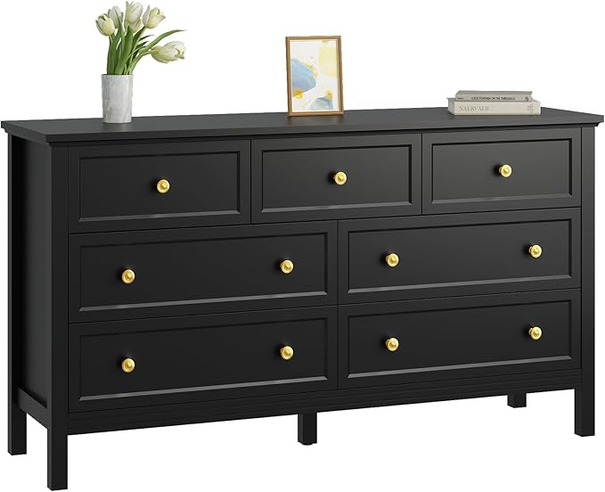 White Dresser for Bedroom, 9 Drawer Dresser with Wide Drawers and Gold Metal Handles