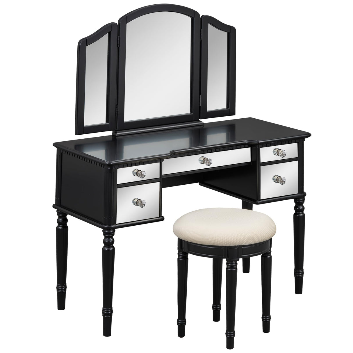 Vanity Desk Makeup Vanity Set with Tri-fold Mirror, Dressing Table Set with Mirrored Drawers and Upholstered Stool Makeup Table Set for Bedroom, Gold (Black)