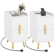 Nightstand with Charging Station, Narrow End Table with 2 Drawers & Metal