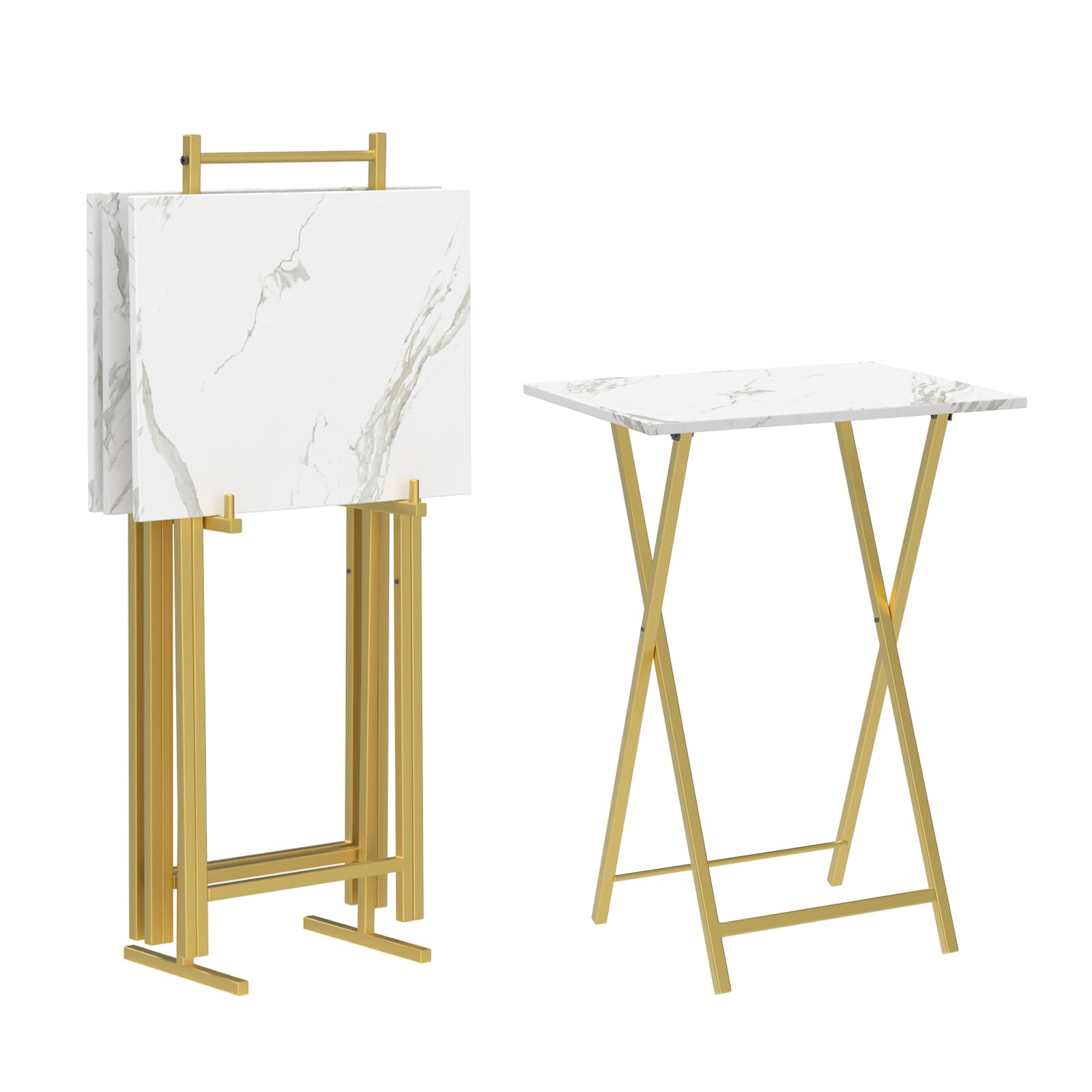 Folding TV Tray Tables, Set of 4 TV Trays with Storage Rack, Industrial Side Table for Eating at Couch,