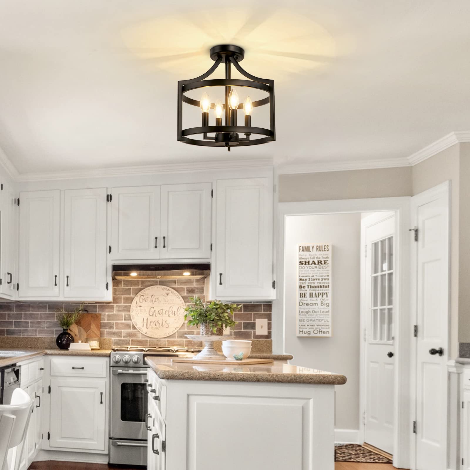 4-Light Farmhouse Chandelier - Black Semi Flush Mount Ceiling Light