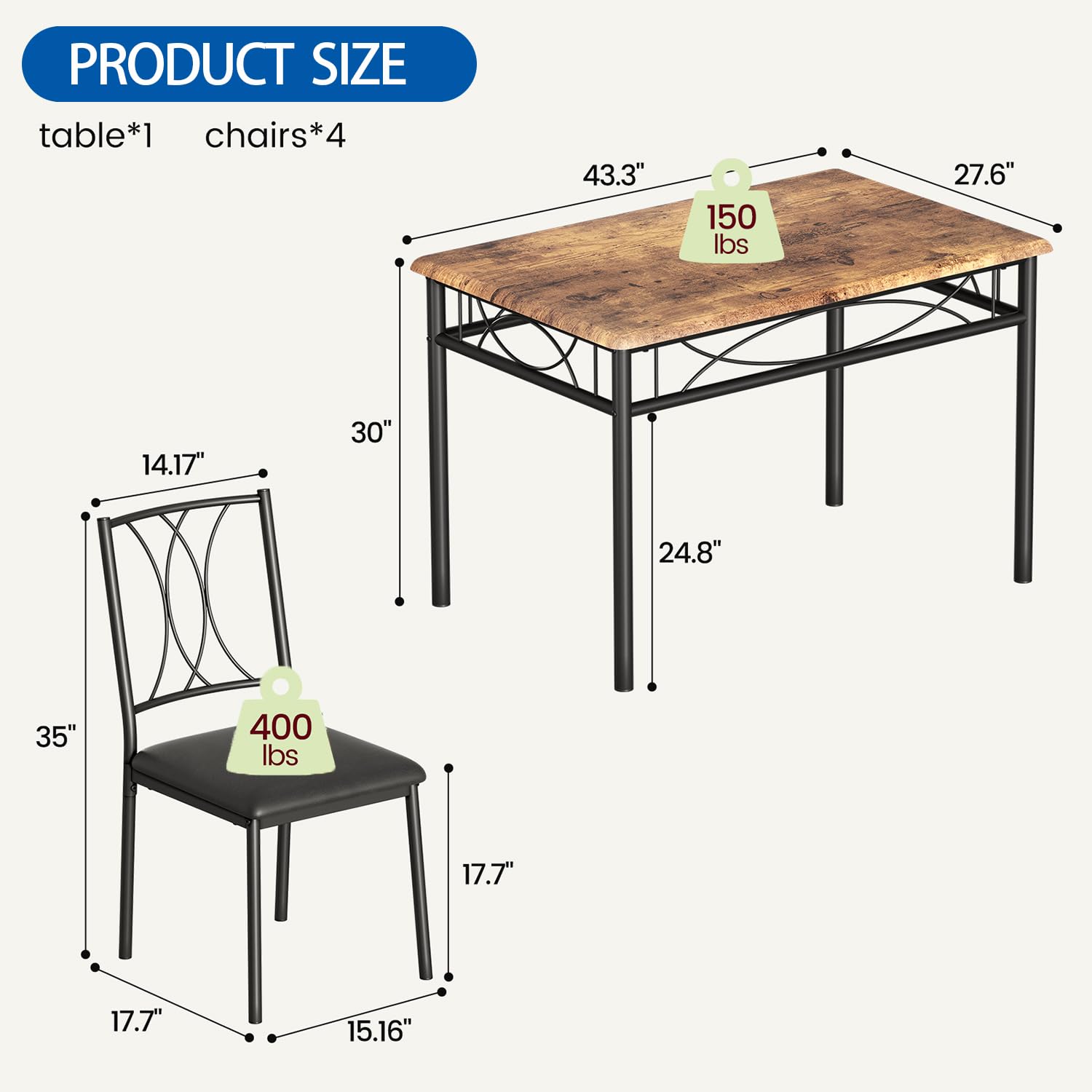 Compact Dining Table Set for 4 - Rustic Brown