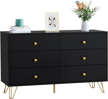 White Dresser for Bedroom, 6 Drawer Dresser with Wide Drawers and Gold Metal Handles