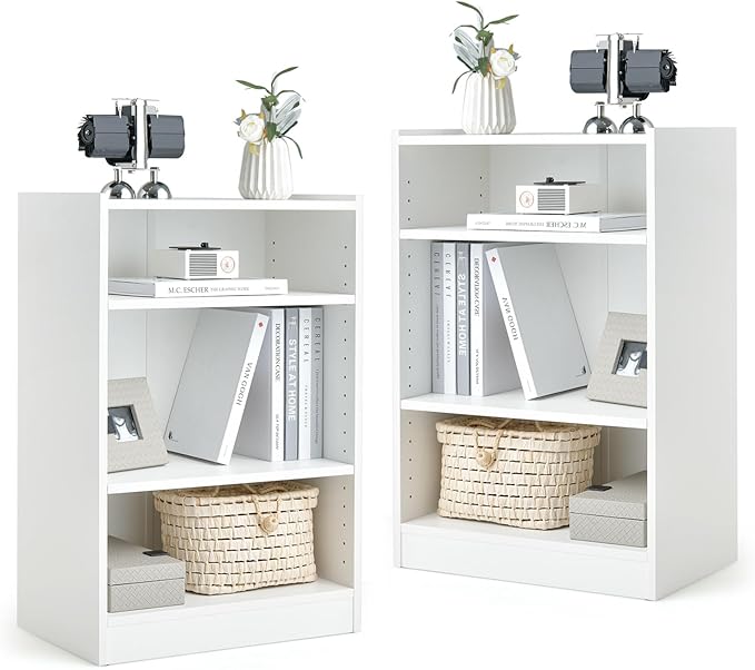 3 Tier Bookcase, Floor Standing Open Bookshelf with 18-Position Adjustable Shelves, Anti-toppling Device, Modern Multipurpose Display Storage Organizer for Living Room Study (1, White)