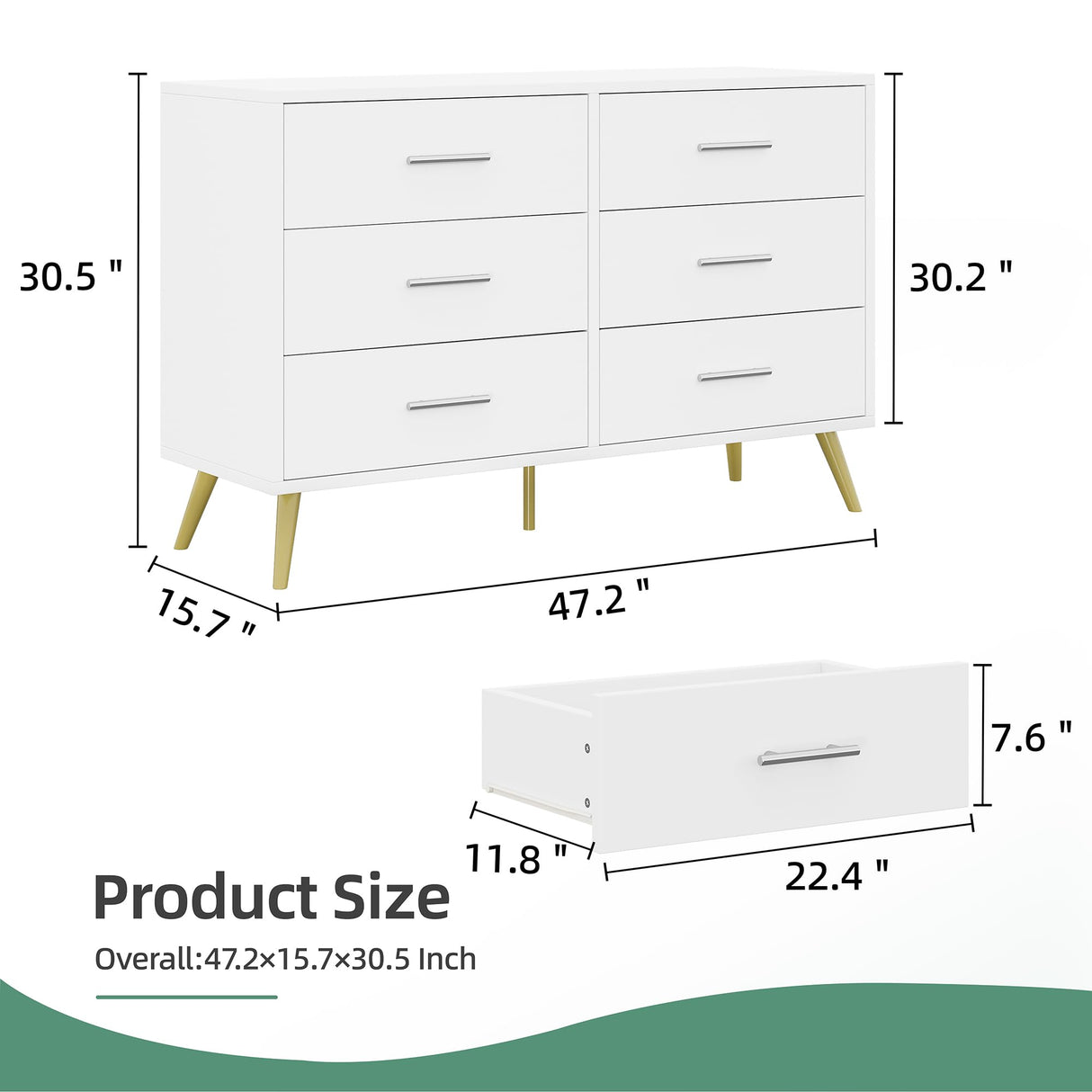 Shintenchi 6 Drawer Dresser, White Double Dresser for Bedroom, Modern Chest of Drawers TV Stand, Wooden Storage Organizer for Living Room, Entryway, White and Gold Dresser