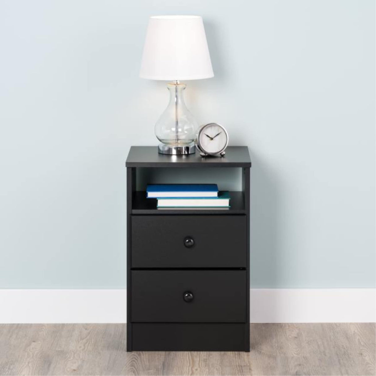 Astrid Simplistic Nightstand Side Table with 2 Drawers and Open Shelf,