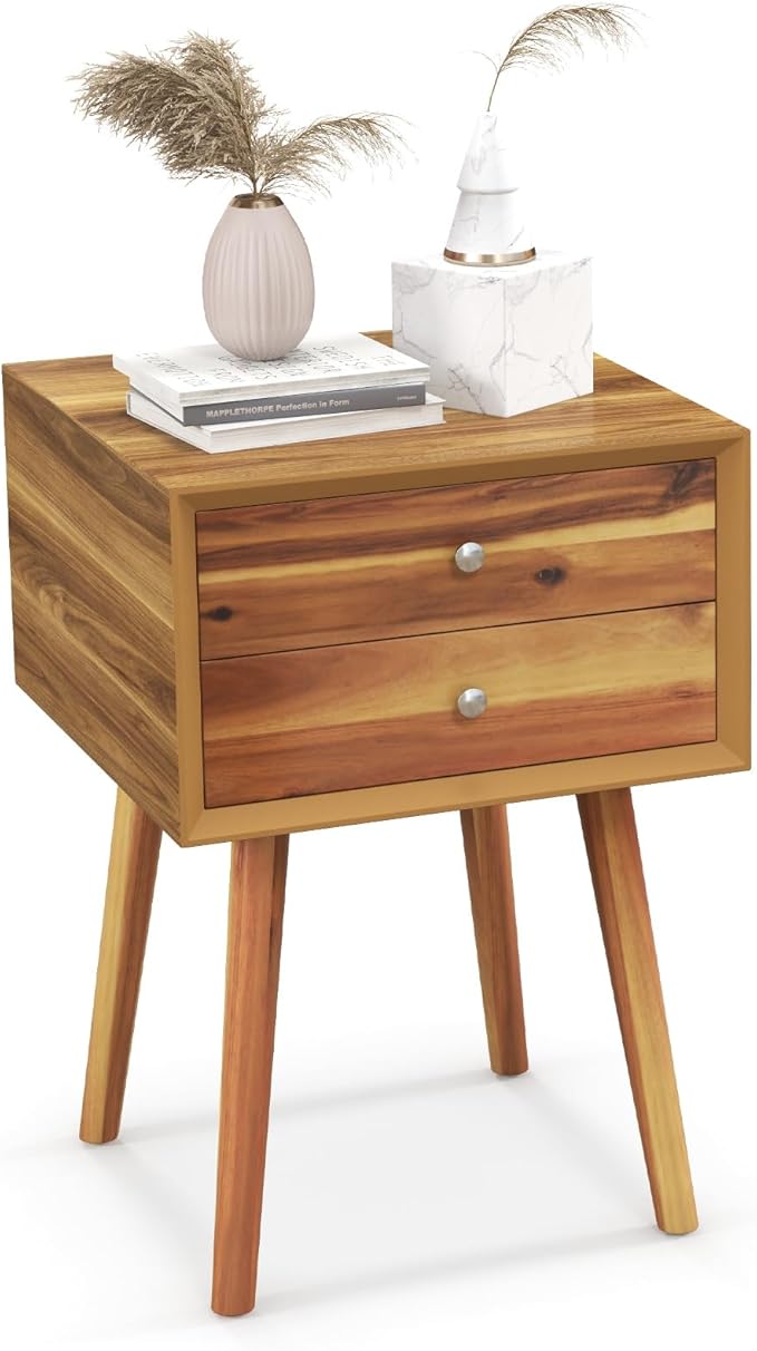 Nightstand with 2 Drawers Set of 2, Mid Century Modern Bedside Table with Solid Wood