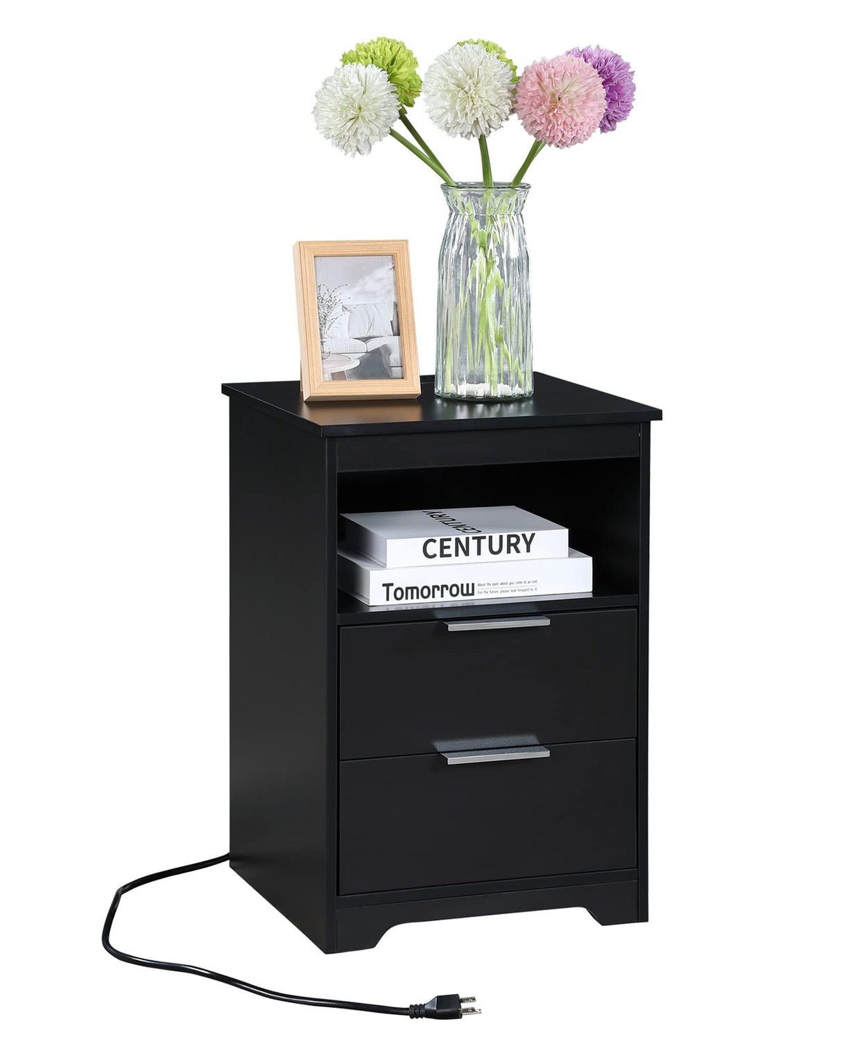 Kavonty Nightstand with Charging Station,End Table with 2 Drawers,Wooden End Table with Drawer and Opening Shelf,Side Table for Bedroom, Black