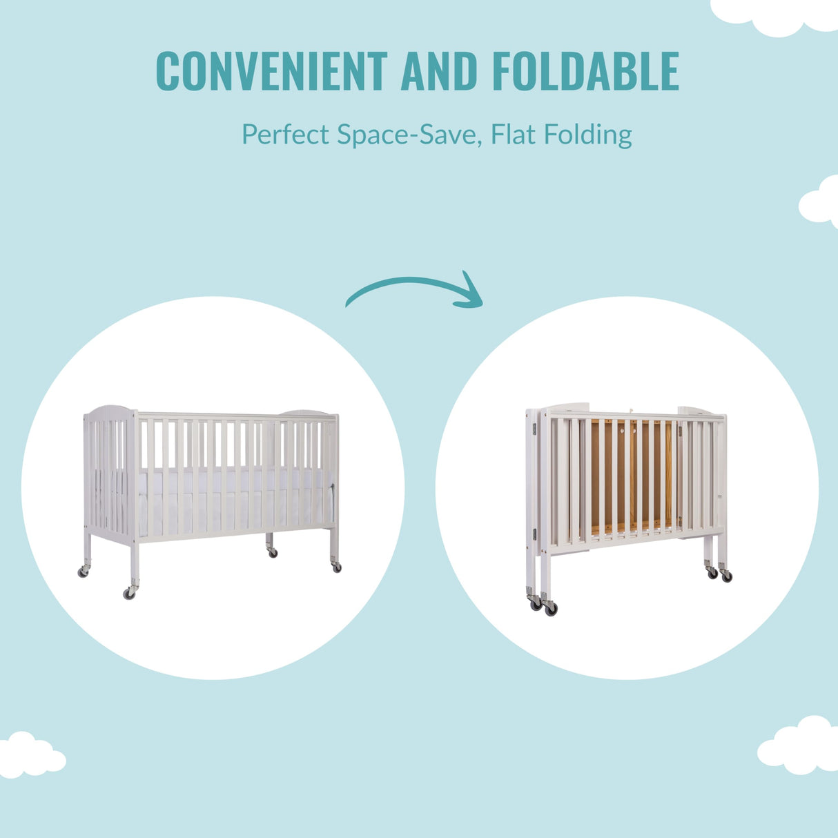 Folding Full Size Convenience Crib In White, Two Adjustable Mattress Height Positions,