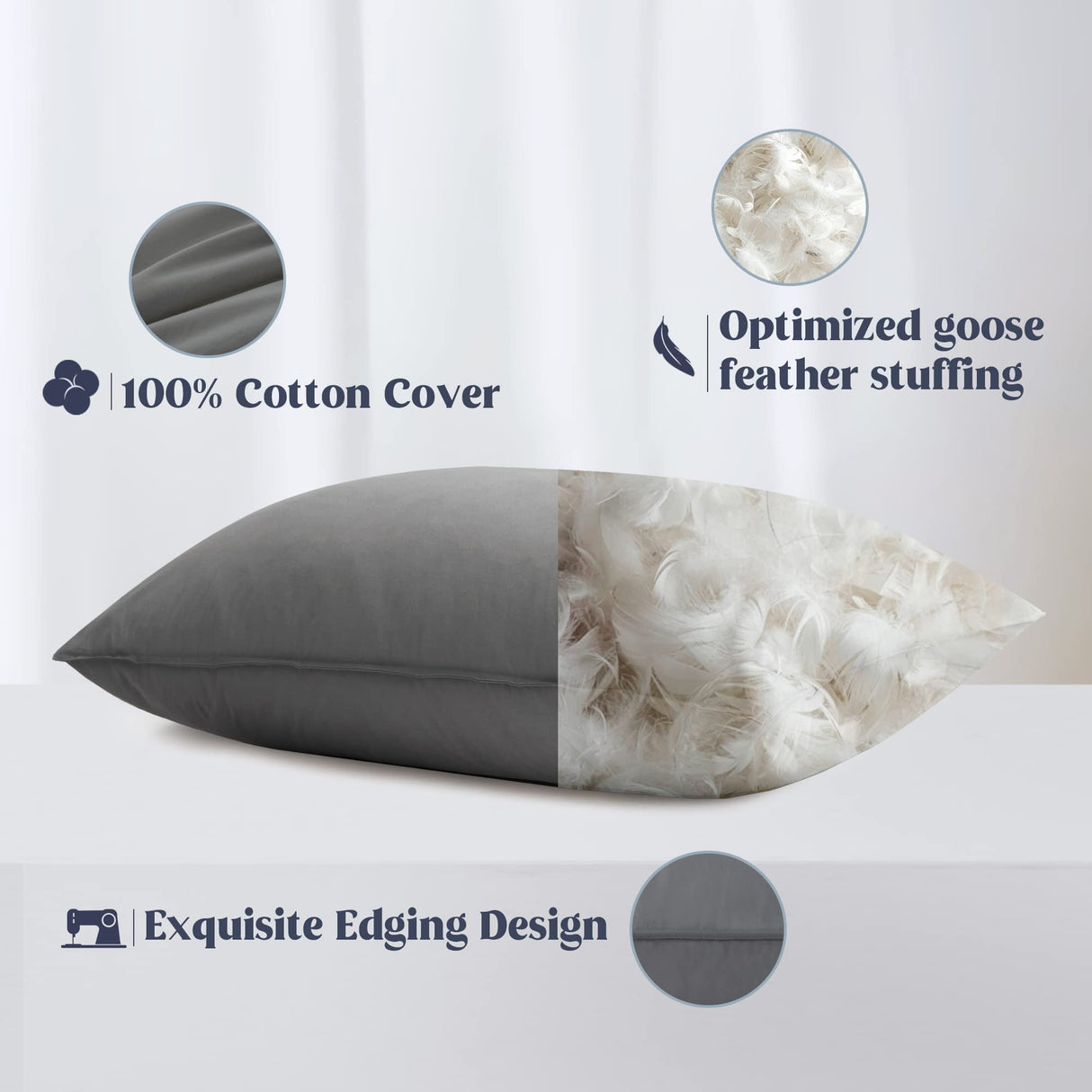 Feather Bed Pillows for Sleeping 2 Pack, 100% Cotton Cover Pillow Washable Queen Size