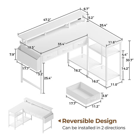 L Shaped Desk with Storage Drawers, 47 inch Gaming Desk with Shelves