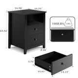 Black Nightstand Set of 2, Bedroom Nightstand with 2 Storage Drawers