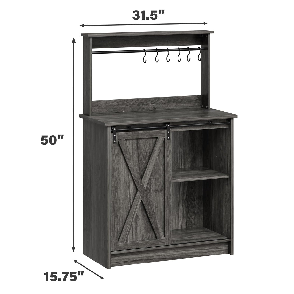 Farmhouse Coffee Bar Cabinet with Storage, Gray Coffee Bar with 6 Hooks