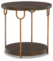 Brazburn Industrail Round End Table with Shelf, Dark Brown & Metallic