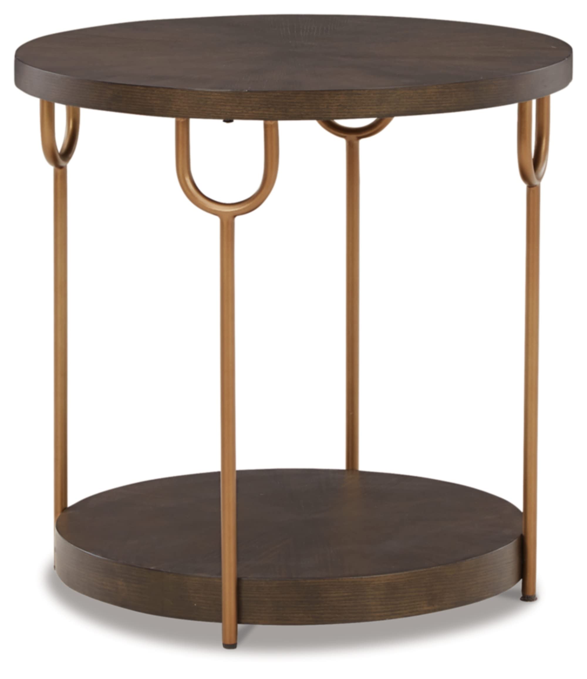 Brazburn Industrail Round End Table with Shelf, Dark Brown & Metallic