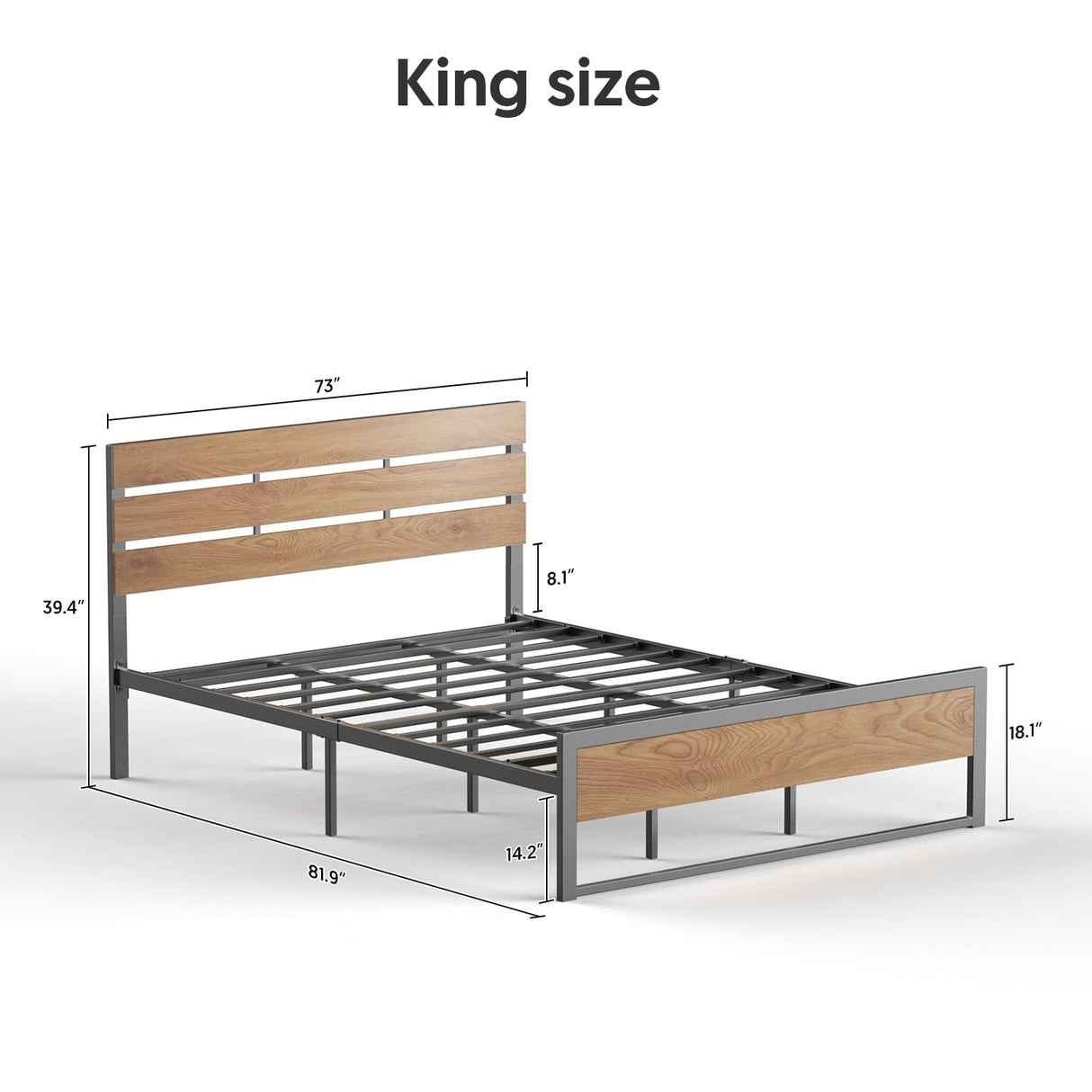 King Size Bed Frame Steady Steel Platform with Wood Headboard/Footboard,No Box