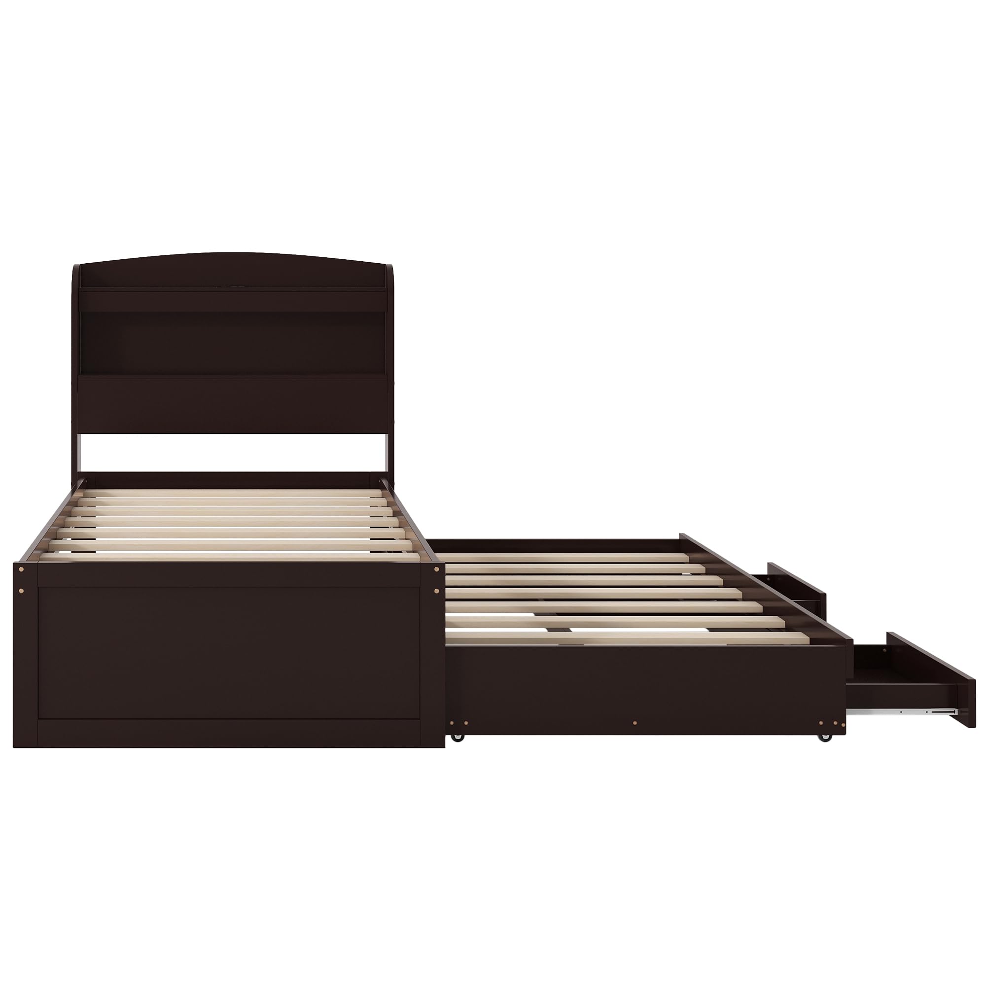 Merax Wood Platform Bed with Storage LED Headboard and USB Charging Station, Twin XL Size Bedframe with Twin Trundle Bed and 2 Drawers, Solid Wooden Slats Support, Easy Assembly, Dark Brown