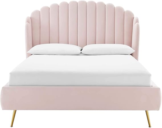 Lana Queen Wingback Platform Bed - Dusty Rose Velvet