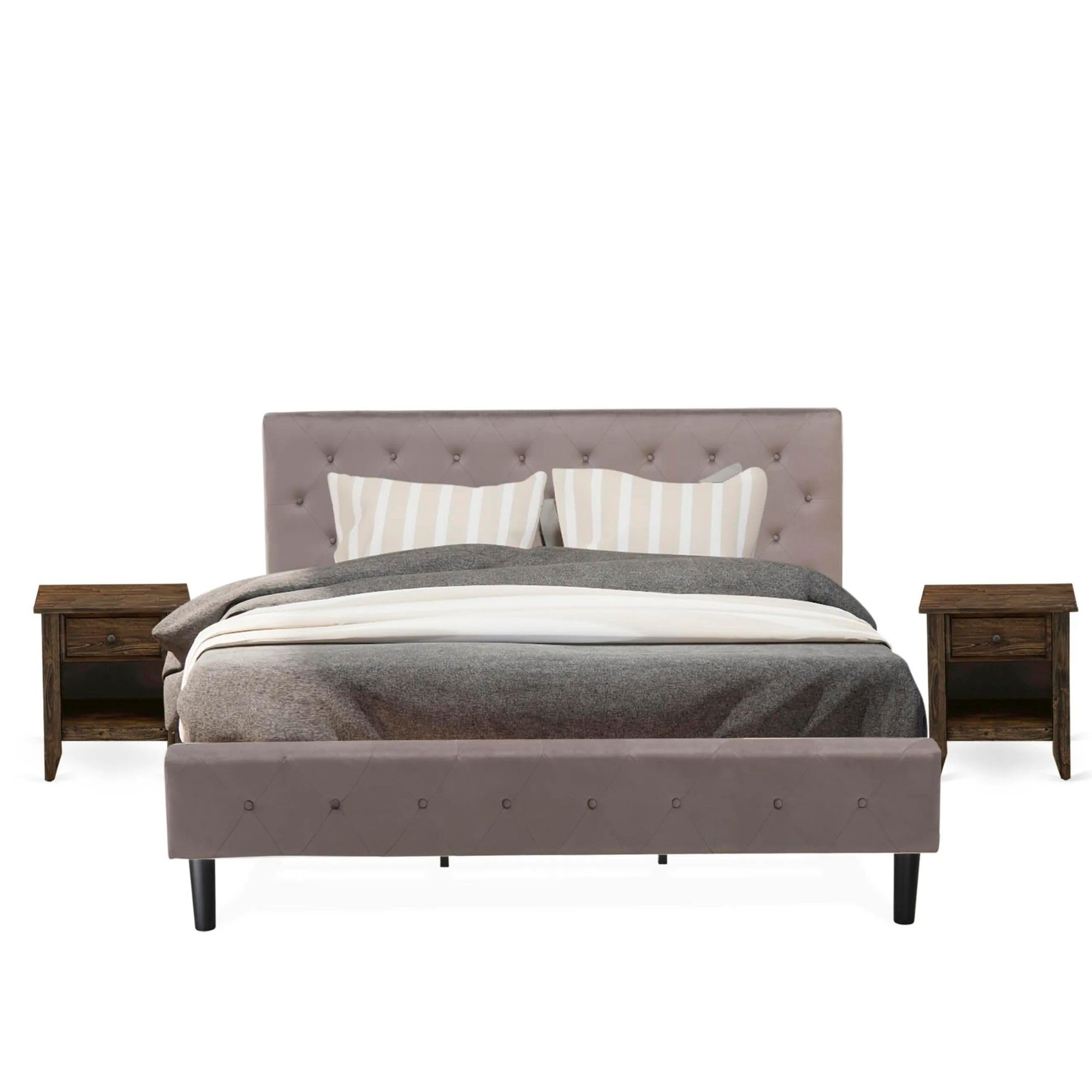 Furniture NL14K-2GA07 3 Piece Bedroom Set - Button Tufted Bed Frame - Brown