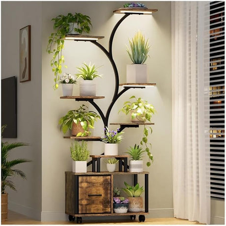 Gold Plant Stand Indoor with Grow Light, 9 Tiered Indoor Plant Shelf with Wheels