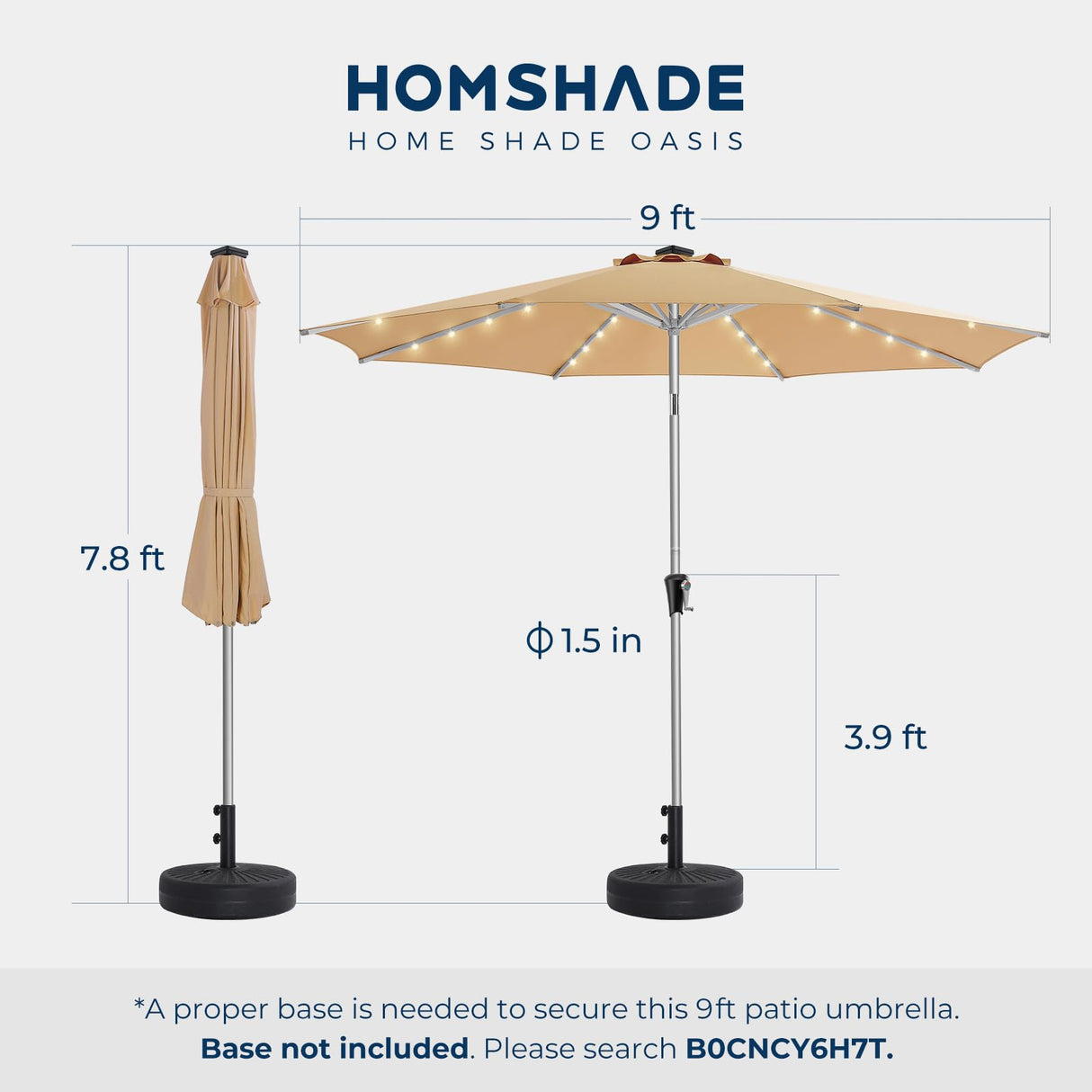 9ft Solar Patio Umbrella - Solar Lights LED Lighted Outdoor Aluminum