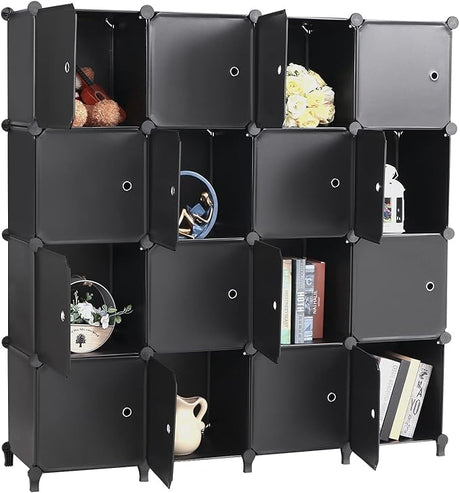 Cube Storage Organizer with Doors 9-Cube Modular DIY Book Shelf with Doors, Cube Storage Shelf, Plastic Storage Cubbies Cabinet for Living Room Bedroom Office 36.8"x12.4"x49.8" Black ULCS09BM