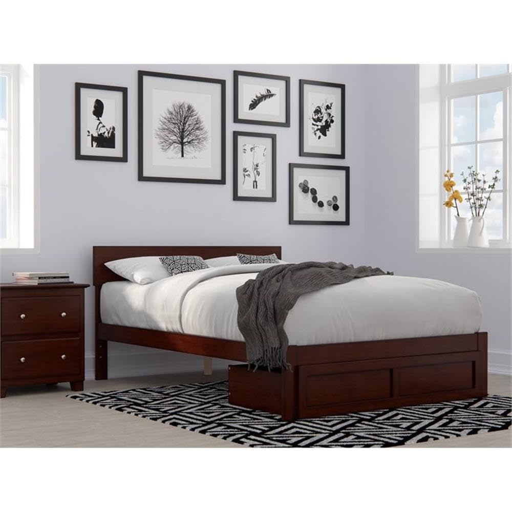 Solid Wood Full Bed with Foot Drawer in Walnut