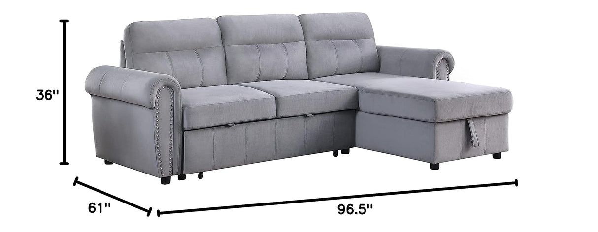 Ashton Gray Velvet Fabric Reversible Sleeper Sectional Sofa Chaise