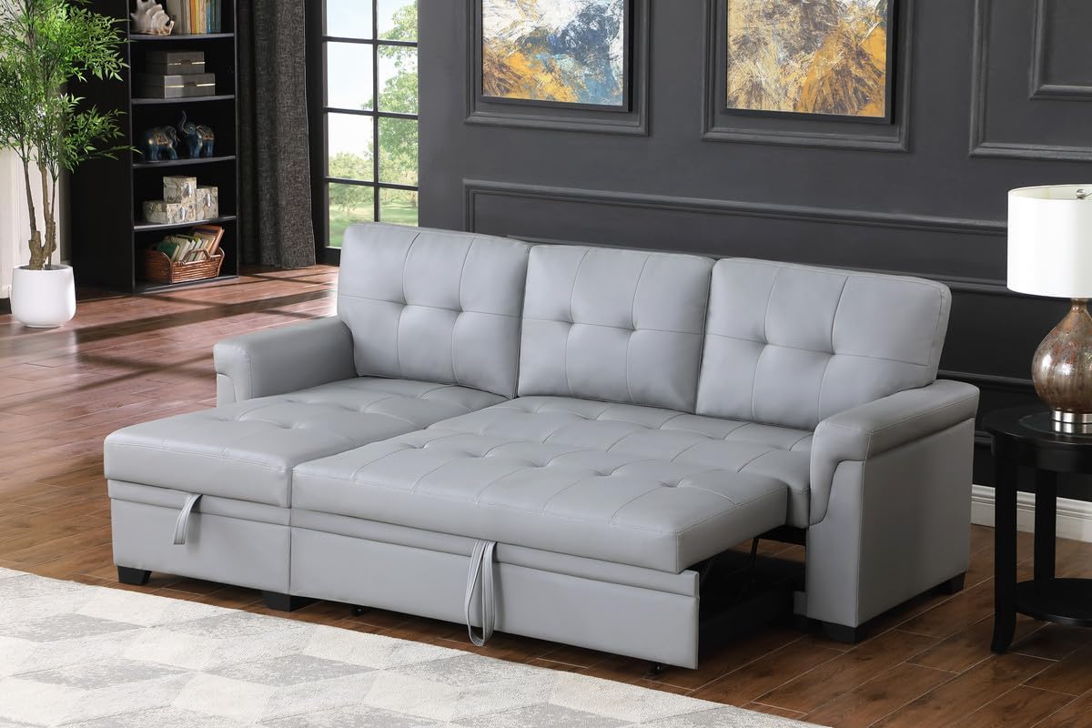 Lexi 83.5" W Gray Vegan Leather Modern Reversible Sleeper Sectional Sofa with Storage