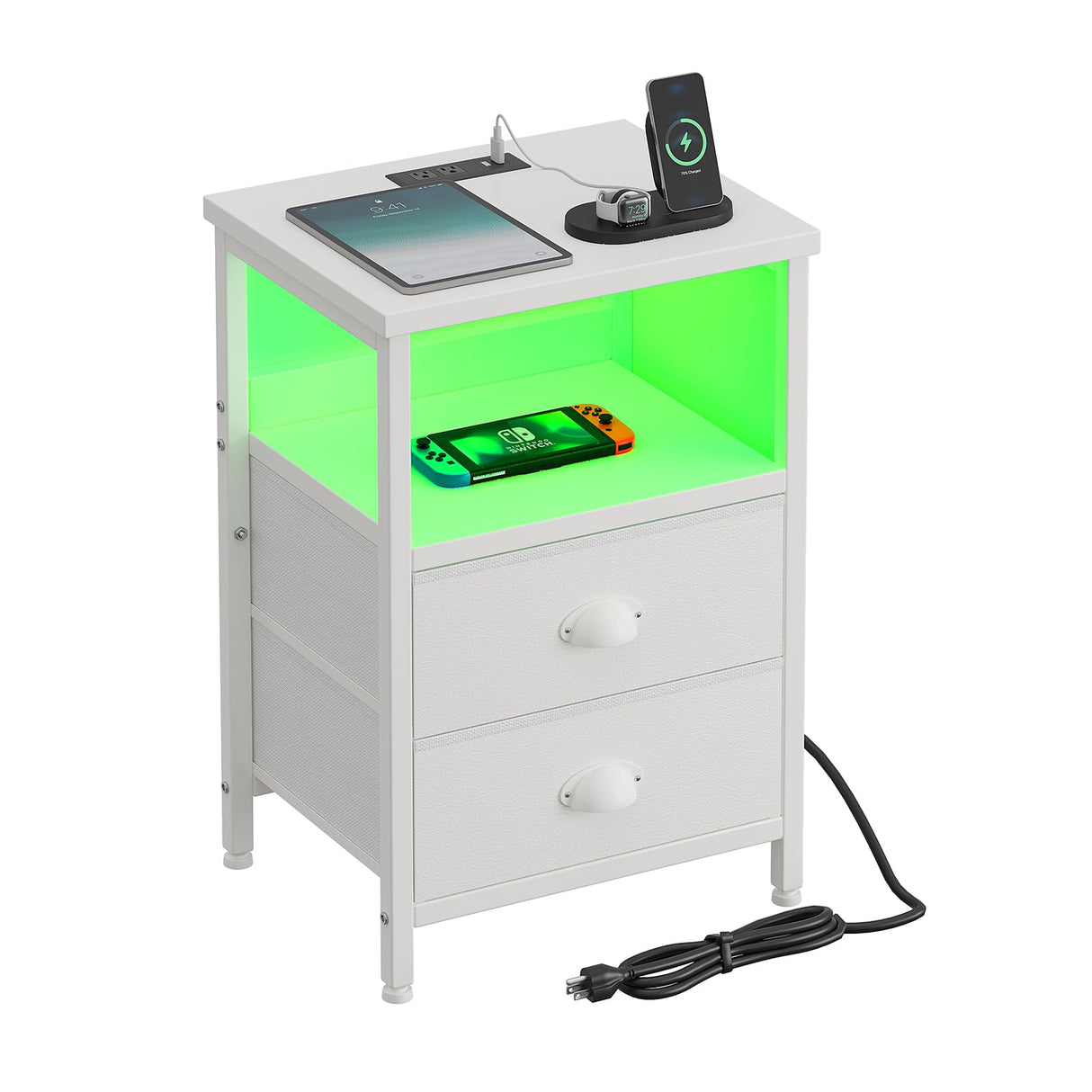 Nightstand with Charging Station,End Table with LED Light for Bedroom