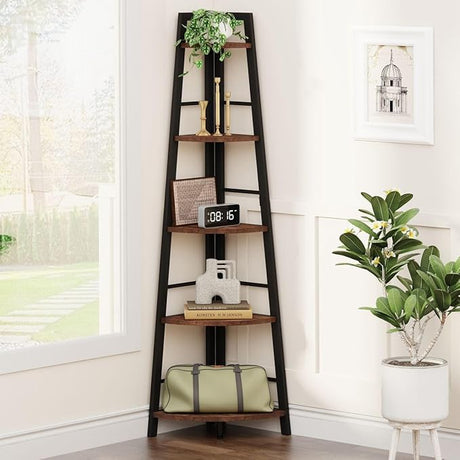 Rustic Tall Corner Bookshelf, 5 Tier Wood and Black Metal Corner Ladder Shelf