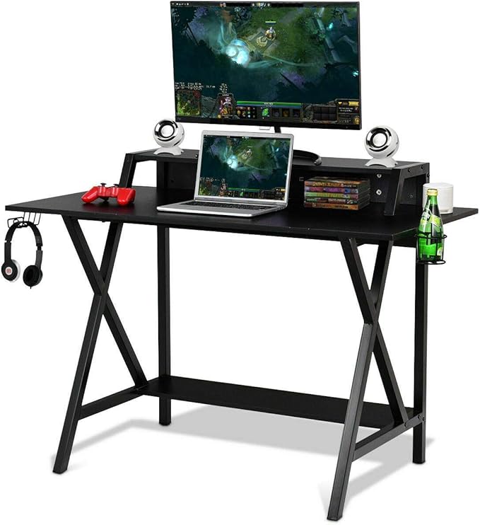 Gaming Computer Desk with Monitor Shelf, Gaming Table Workstation with Cup Holder Headphone Holder