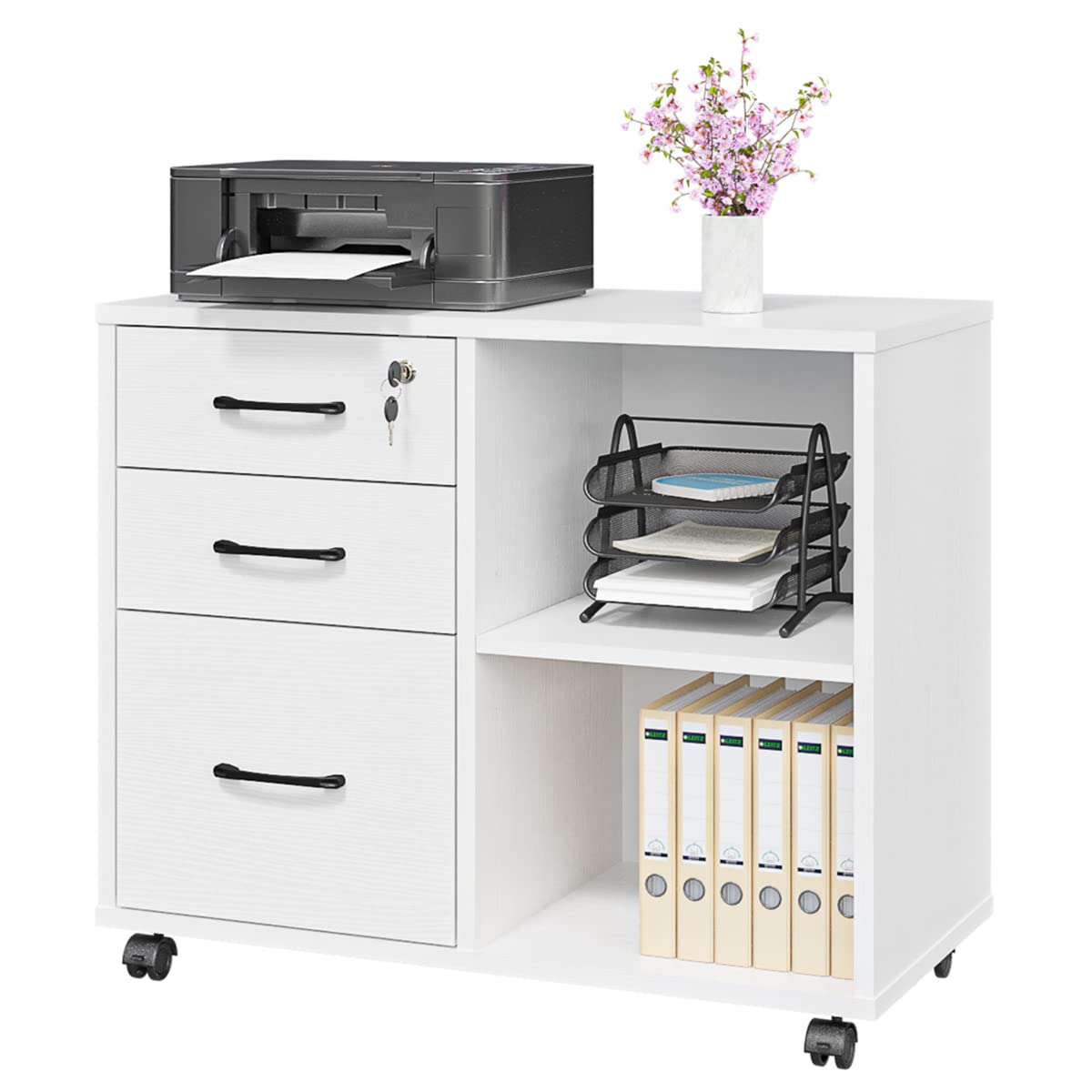 3 Drawer File Cabinets, Mobile Lateral Printer Stand with Open Shelf, Rolling Filing Cabinet