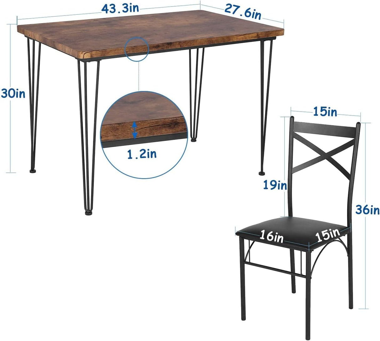 Kitchen Room Table 5-Piece Modern Metal and Wood Rectangular Breakfast Dinette