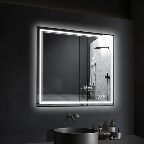 Motion Sensor LED Bathroom Mirror 40" x 32", Black Frame, Front and Backlight, Shatter